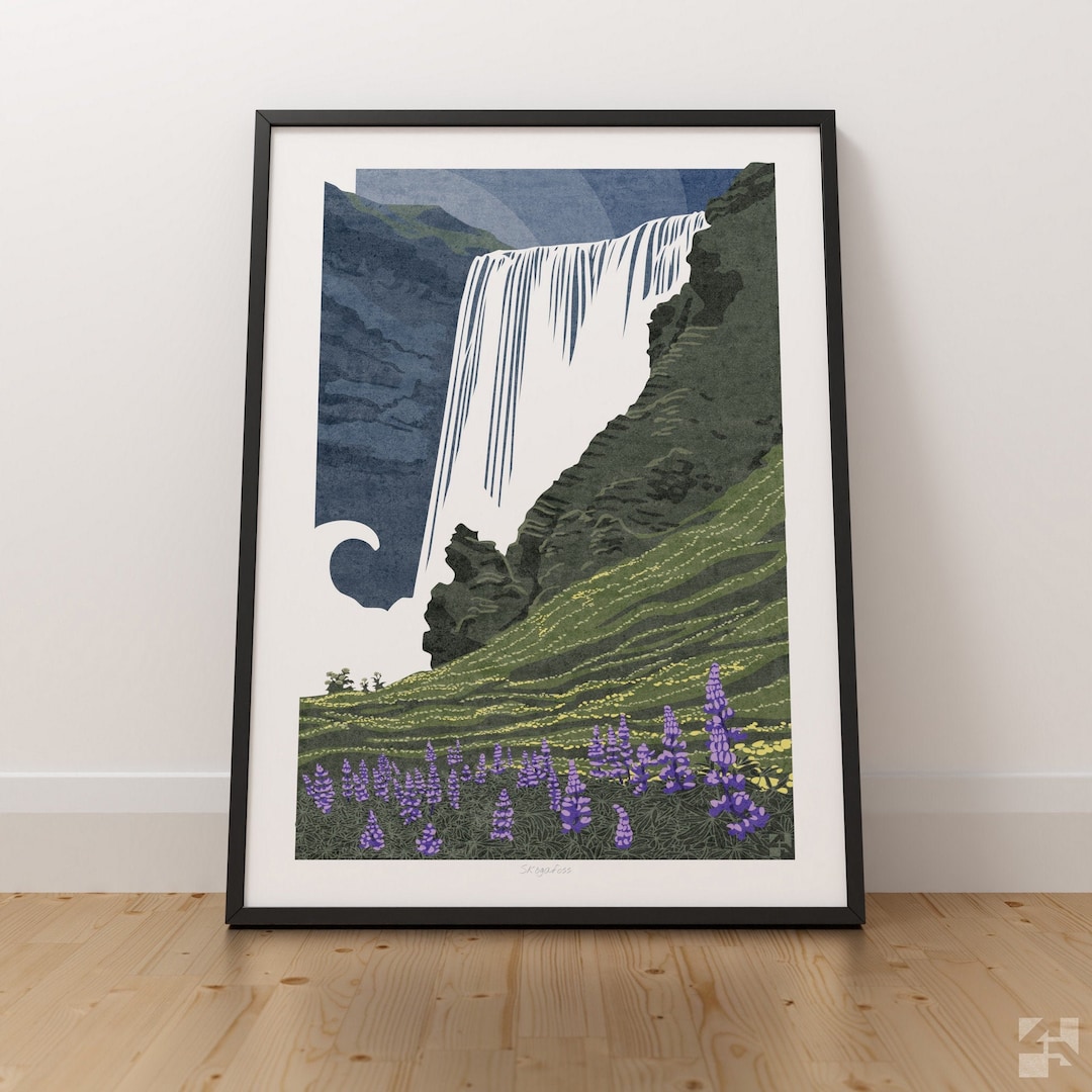 Iceland Skogafoss Waterfall Landscape Wall Art Print Travel Poster ...