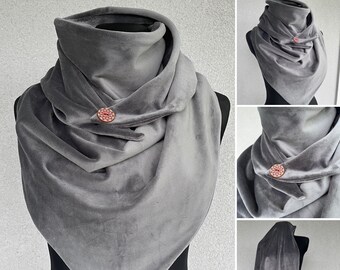 Gray velour wrap scarf for woman. Grey velour cotton jersey triangle double sided wrap scarf. Winter scarf.