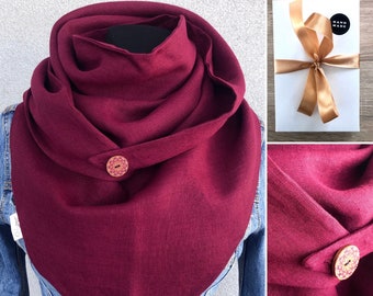 Dark red linen scarf for woman, triangle spring linen scarf, 100% pure linen double wrap scarf, gift for women, linen wrap, summer scarf
