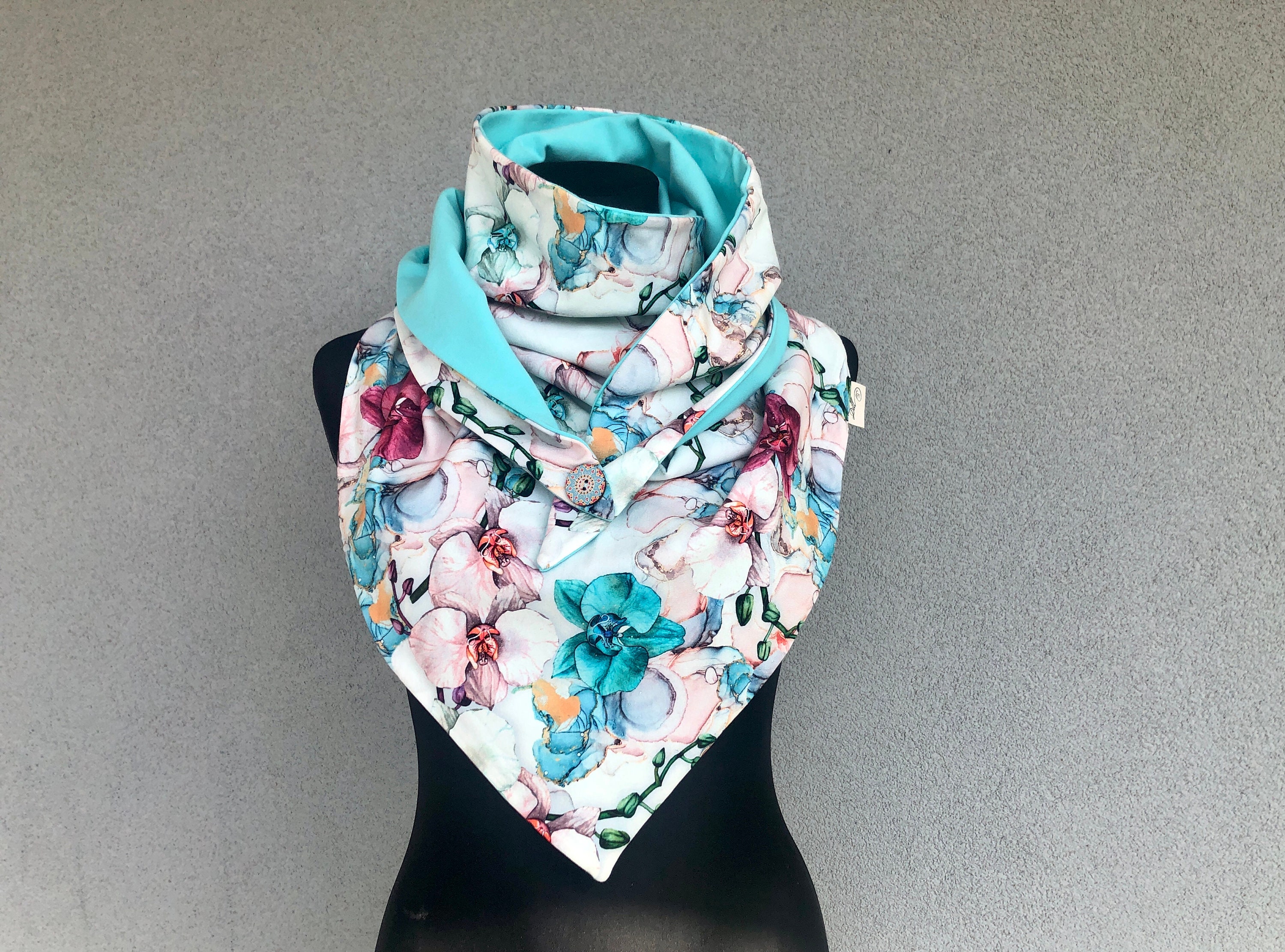 Blue Orchids Print Wrap Scarf for Woman. Blue/white Cotton Jersey