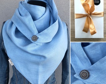 Blue linen wrap scarf for woman, triangle spring scarf for ladies, 100% pure linen double wrap scarf, gift for women, linen summer scarf