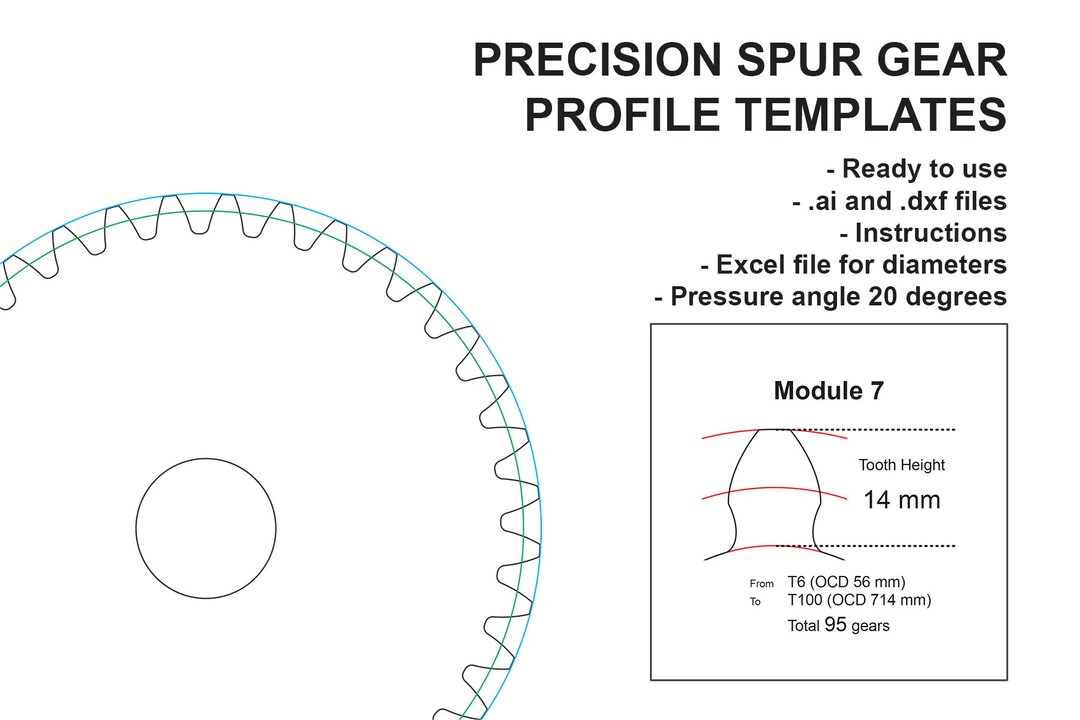 MODULE 7 Precision Spur Gear Profile Templates .ai & .dxf Etsy
