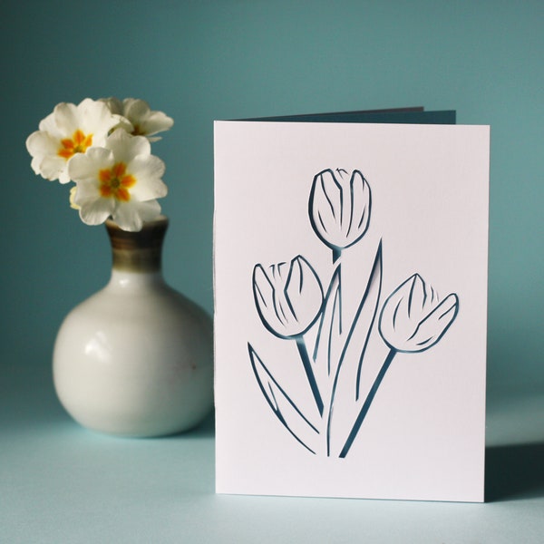 Tulip Card for Easter, Spring, Mother's Day Greetings Card // Flower Paper Cut Card // Original Handmade Papercut Card