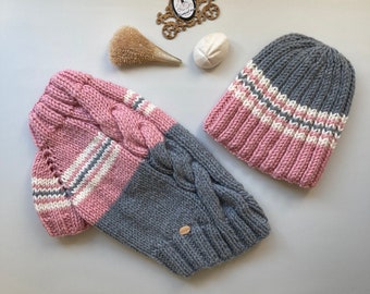 Pink-Gray Hand Knitted Wool Pet Sweater. Beanie for Ownwer, too.