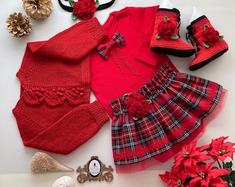 Red Christmas Dress for Baby Girl with Handknitting Red Jacket and Boot, Toddler Red Christmas Dress