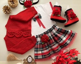 Red Green and White Christmas Dress for Baby Girl with Handknitting Red Jacket and Boot, Toddler Red Christmas Dress