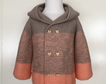 Peach Colour-Milky Brown Hooded Hand Knitted Cardigan for Baby Girl and Boy, Hooded Hand Knitted Jacket and Booties Set