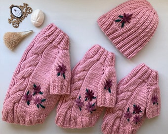 Team Pink Pet Sweater with Owner, Cat and Dog, Handmade Floral Embroidered Wool, Beanie for the owner too.