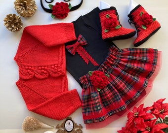 Red and Black Christmas Dress for Baby Girl with red Boot and red Handknit Jacket, Toddler Red and Black Christmas Dress