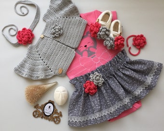 Fuchsia Baby Girl Dress Set with Bear , Hand-Knitted Baby Dress with Booties, Baby Dress with Flowers