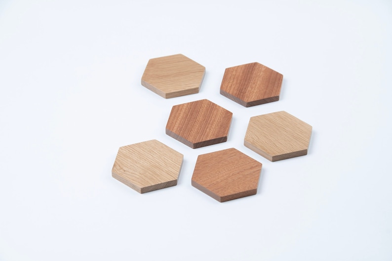 Set of 6 hexagonal coasters, oak and mahogany wood image 2