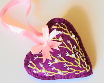 Felt embroidered hearts, stuffed pocket hug,  hand embroidered heart, teachers gift, ladies gift,  slow stitched gift, fabric heart, upcycle