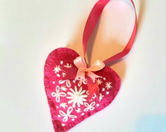 Felt embroidered hearts,  stuffed pocket hug, gift for her,  slow stitched gift, hanging heart, ladies gift ideas, upcycled teachers gift
