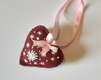 Hand Embroidered Felt Heart, Stuffed Ornament, Pocket Hug, embroidered beaded teachers thank you gift
