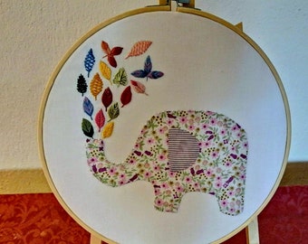 Hand embroidered elephant textile stitched wall hanging, textile art for child&#39;s bedroom, embroidery hoop art for nursery or baby shower