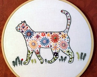 Hand embroidered cat textile stitched wall hanging, textile art for child&#39;s bedroom, hand stitched colourful cat embroidery hoop art