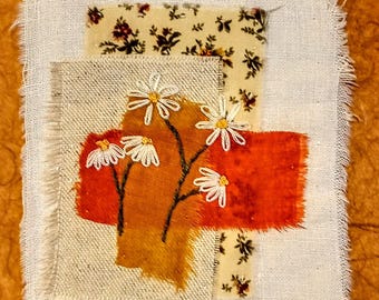 Textile art, textile wall hanging, upcycled hand stitched gift, abstract embroidered collage, unique slow stitch, wildlife nature picture