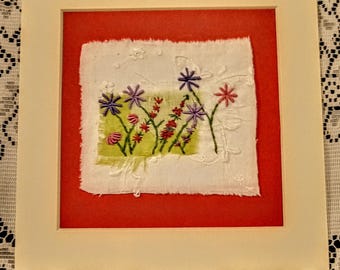 Textile art, textile wall hanging, upcycled hand stitched gift, abstract embroidered collage, unique slow stitch, wildlife nature picture