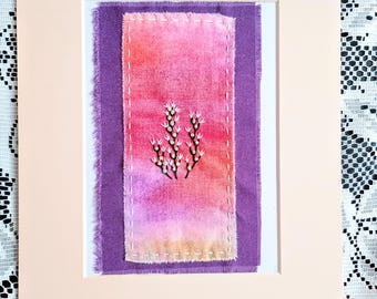 Textile art, textile wall hanging, upcycled hand stitched gift, abstract embroidered collage, unique slow stitch, wildlife nature picture