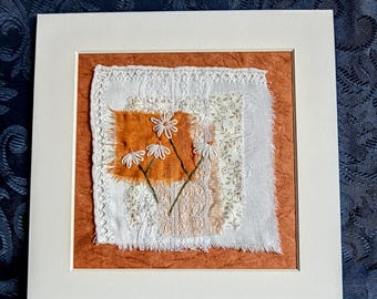 Textile art, textile wall hanging, upcycled hand stitched gift, abstract embroidered collage, unique slow stitch, wildlife nature picture