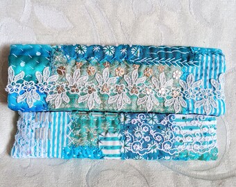 Hand Embroidered Upcycled Pouch: Blue Patchwork Sequin Clutch