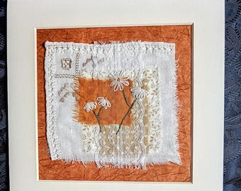 Textile art, textile wall hanging, upcycled hand stitched gift, abstract embroidered collage, unique slow stitch, wildlife nature picture