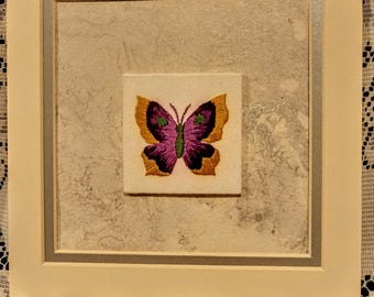 Textile art, textile wall hanging, original hand stitched gift, abstract embroidered butterfly, unique slow stitch, wildlife nature picture