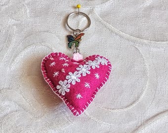 Hand Embroidered Felt Heart Bag Charm: Beaded Keychain Dangle