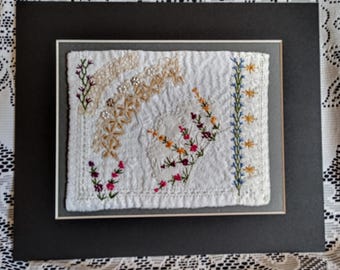 Textile art, textile wall hanging, upcycled hand stitched gift, abstract embroidered collage, unique slow stitch, wildlife nature picture
