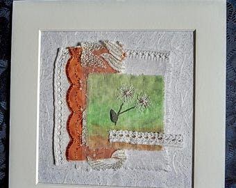 Textile art, textile wall hanging, original hand stitched gift, abstract embroidered collage, upcycled slow stitch, wildlife nature picture