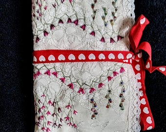hand embroidered needlebook, slow stitch, beaded needlecase, stitchers gift, textile artist ephemera, lace present, upcycled gift,