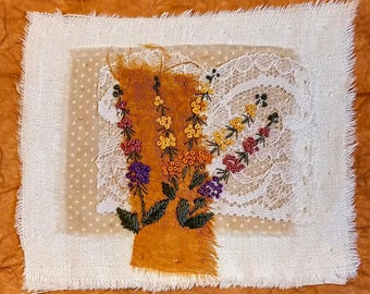 Textile art, textile wall hanging, upcycled hand stitched gift, abstract embroidered collage, unique slow stitch, wildlife nature picture