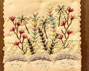 Textile art, textile wall hanging, upcycled hand stitched gift, abstract embroidered collage, unique slow stitch, embroidered picture