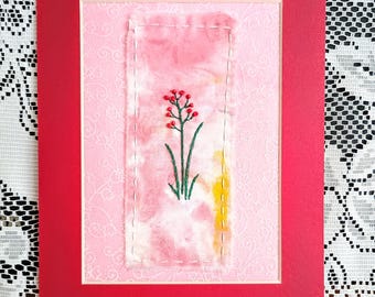 Textile art, textile wall hanging, upcycled hand stitched gift, abstract embroidered collage, unique slow stitch, wildlife nature picture