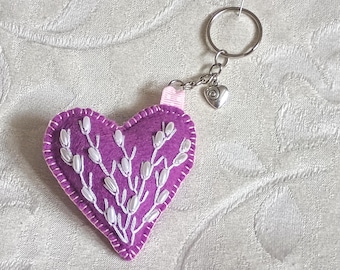 Hand Embroidered Felt Heart Bag Charm: Beaded Keychain Dangle