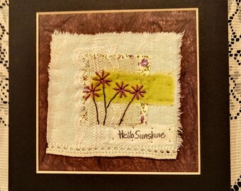 Embroidered Floral Textile wall hanging, Upcycled Fabric Collage, Slow Stitch unframed art