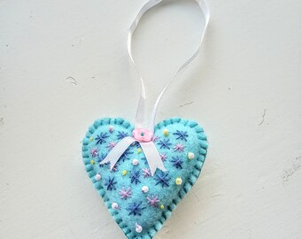 Felt embroidered hearts,  stuffed pocket hug, hand embroidered, teachers gift,  slow stitched gift, fabric hanging heart, upcycled gift