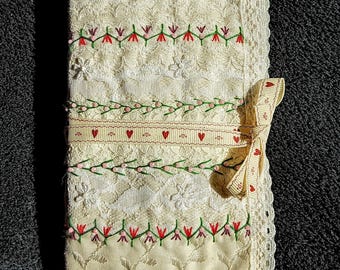hand embroidered needlebook, slow stitch, beaded needlecase, stitchers gift, textile artist ephemera, lace present, upcycled gift,