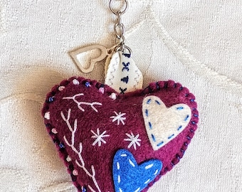 Hand Embroidered Felt Heart Keychain: Beaded Bag Charm