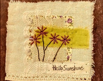 Textile art, textile wall hanging, upcycled hand stitched gift, abstract embroidered collage, unique slow stitch, wildlife nature picture
