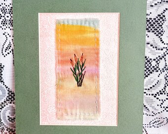 Textile art, textile wall hanging, upcycled hand stitched gift, abstract embroidered collage, unique slow stitch, wildlife nature picture