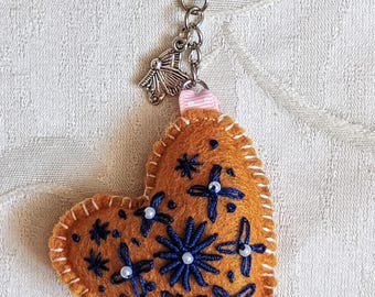 Hand Embroidered Heart Bag Charm: Beaded Felt Keychain
