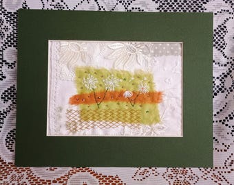 Textile art, textile wall hanging, upcycled hand stitched gift, abstract embroidered collage, unique slow stitch, wildlife nature picture