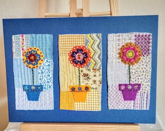 Textile art, textile wall hanging, upcycled hand stitched gift, abstract embroidered wall art, unique slow stitch, colourful flower picture