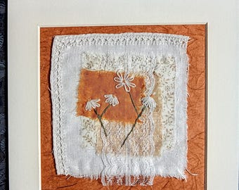 Textile art, textile wall hanging, upcycled hand stitched gift, abstract embroidered collage, unique slow stitch, wildlife nature picture