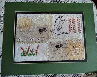 Textile art, textile wall hanging, upcycled hand stitched gift, abstract embroidered collage, unique slow stitch, landscape bird picture