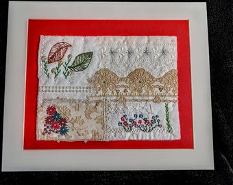Textile art, textile wall hanging, upcycled hand stitched gift, abstract embroidery, unique slow stitch, wildlife nature picture, fiber art