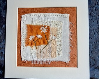 Textile art, textile wall hanging, original hand stitched gift, abstract embroidered collage, unique slow stitch, wildlife nature picture