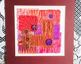 Textile art, textile wall hanging, upcycled hand stitched gift, abstract embroidered collage, unique slow stitch, beaded picture