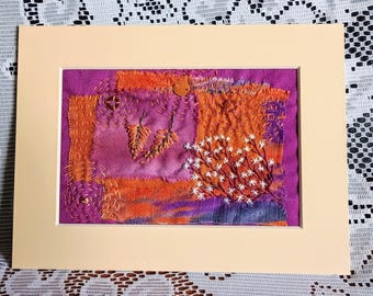 Textile art, textile wall hanging, upcycled hand stitched gift, abstract embroidered collage, unique slow stitch, beaded picture